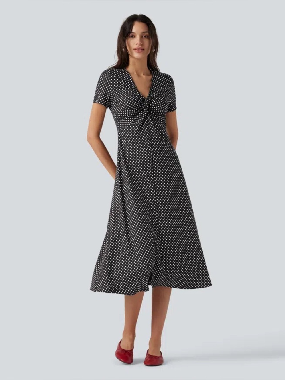 Halara V Neck Short Sleeve Polka Dot Midi Casual Dress